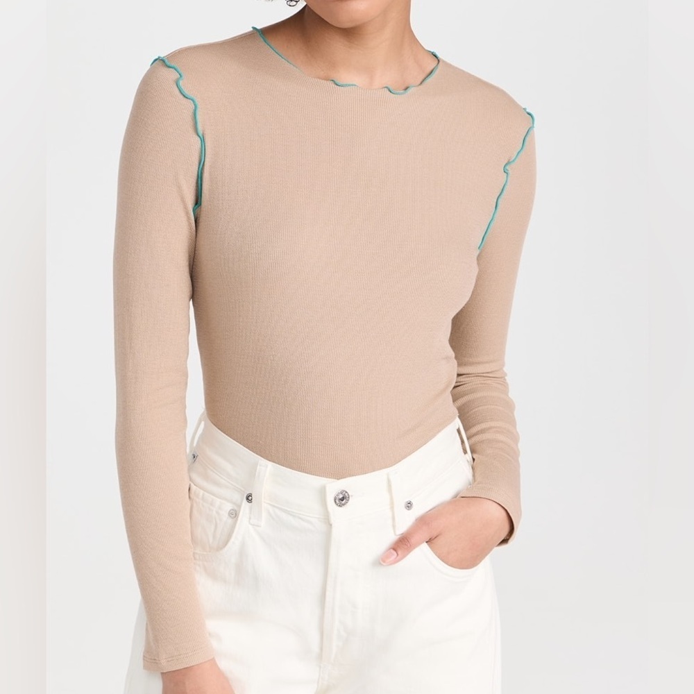 Madewell Beige Ribbed Long-Sleeve Top with Turquoise Lettuce Edge